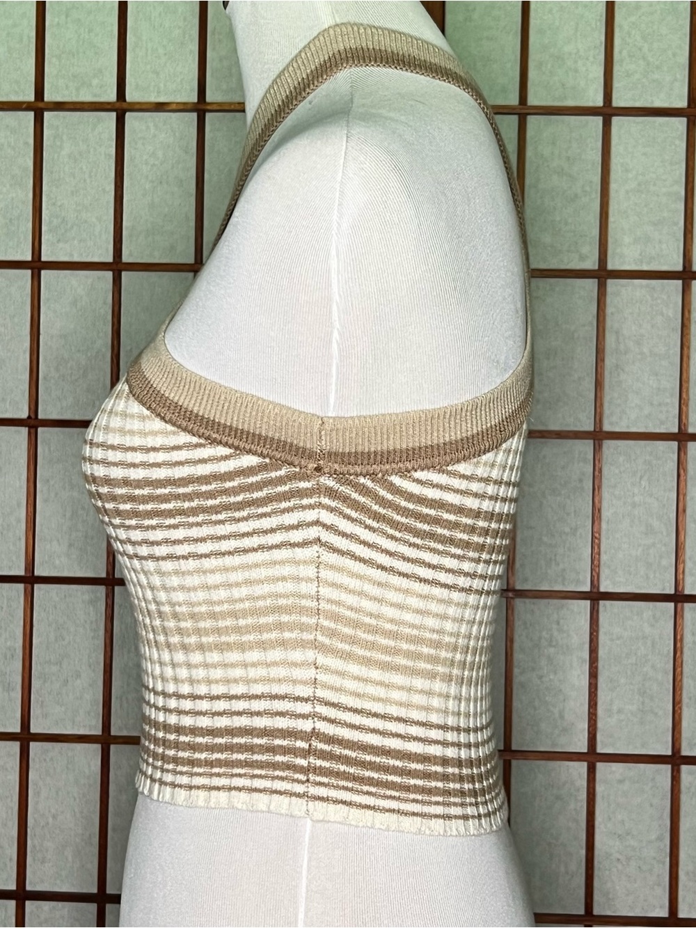 Sincerely Jules Beige and Cream Striped Halter Crop Top - Picture 2 of 5